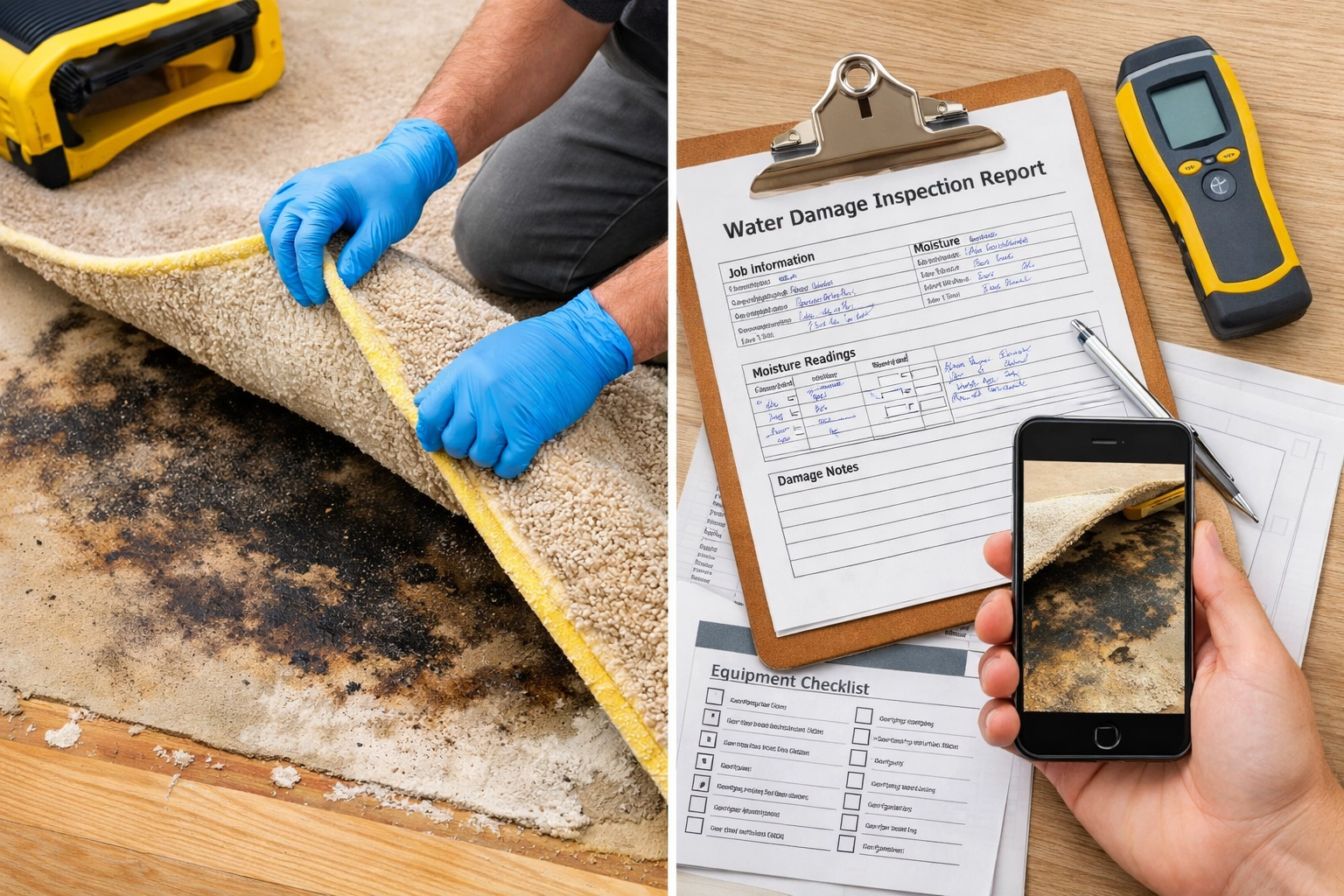 Mitigation worker documenting water damage before carpet removal to preserve insurance claim evidence