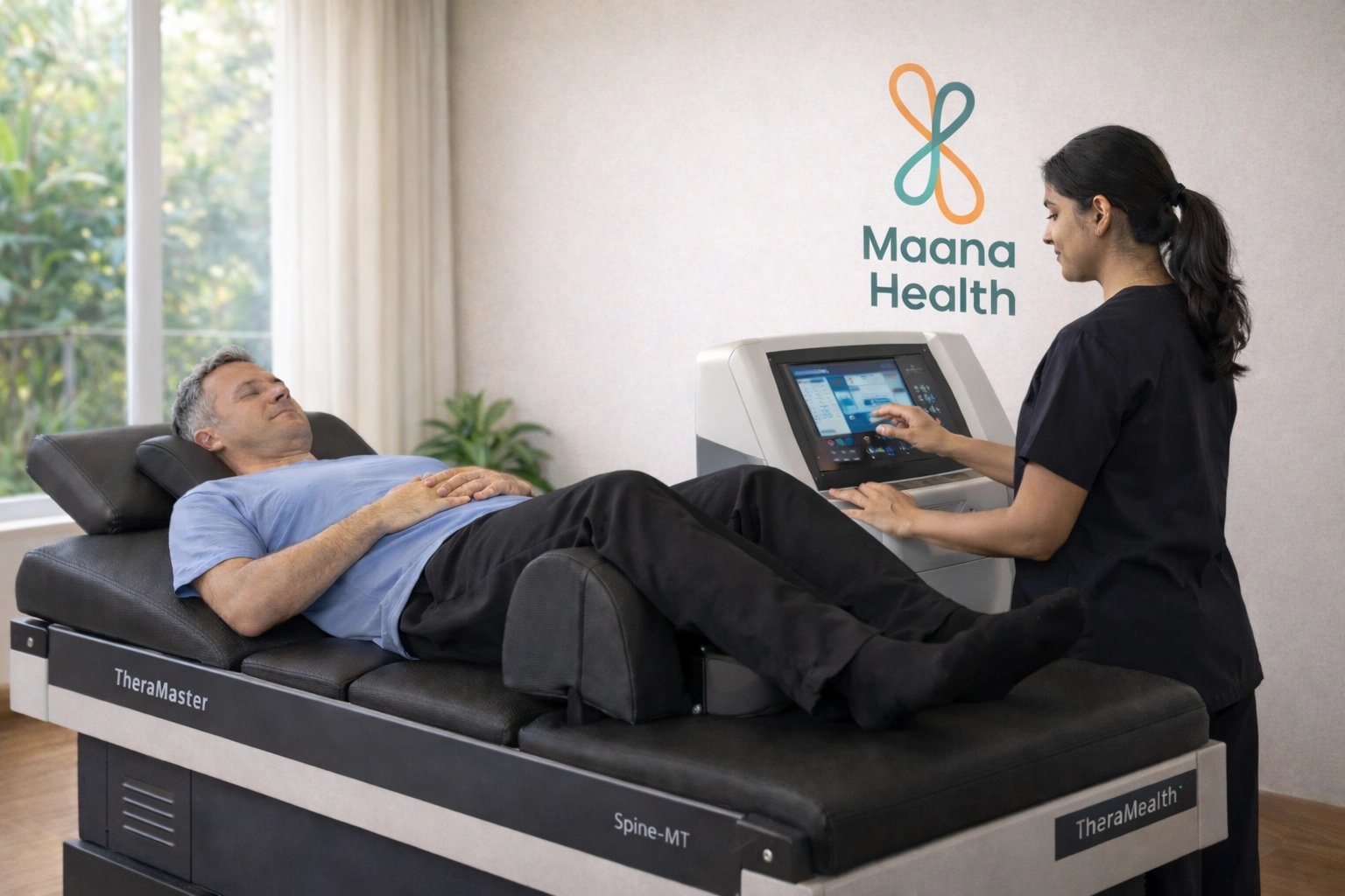 A Maana Health specialist operates the TheraMaster device for non-surgical spinal decompression therapy.