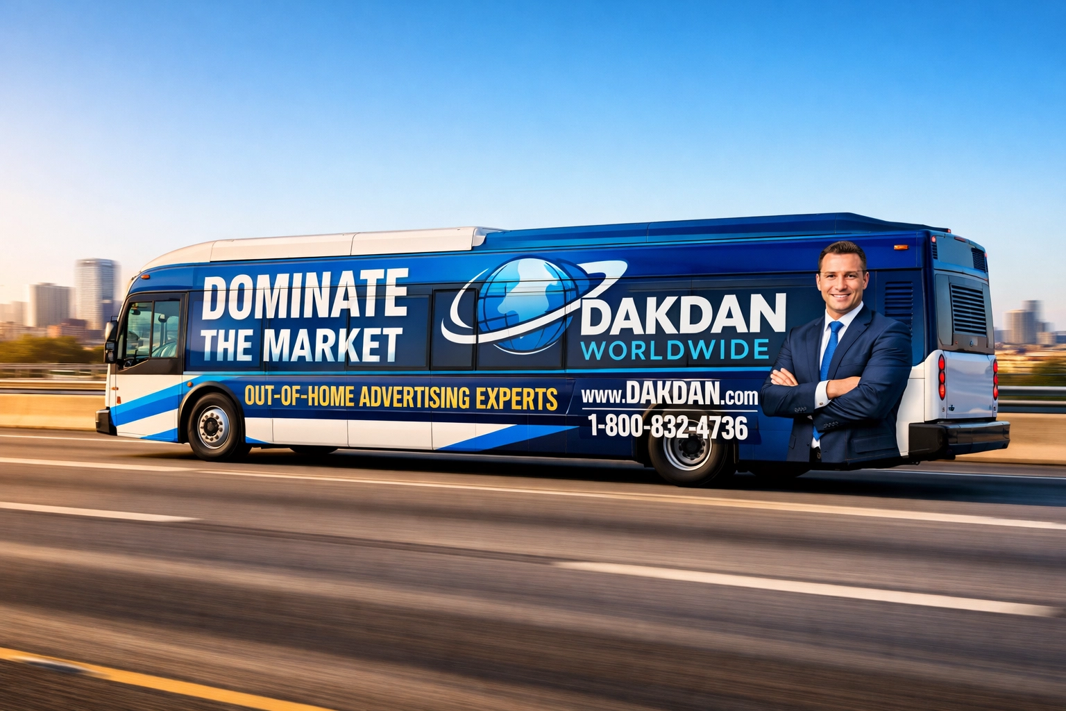 Clean transit bus advertisement on a highway, showcasing Dakdan Worldwide’s mobile highway advertising solutions.