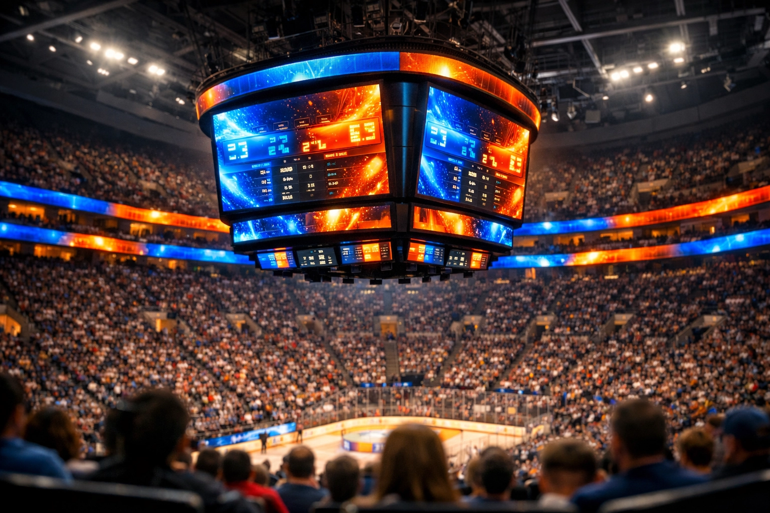 State-of-the-art sports arena digital signage and scoreboard system displaying data-driven visuals.