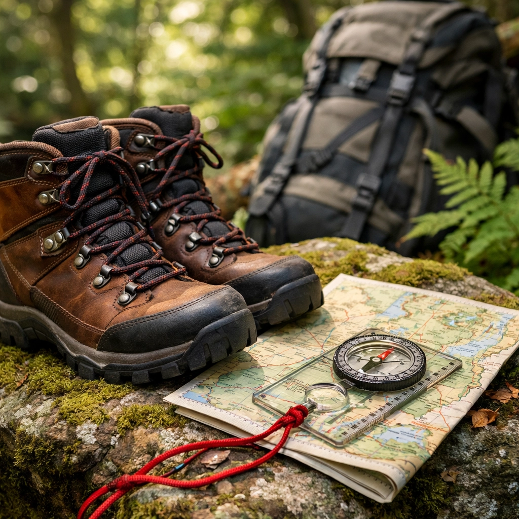 Essential hiking gear including leather boots, a topographic map, and a compass for guided hiking tours UK.