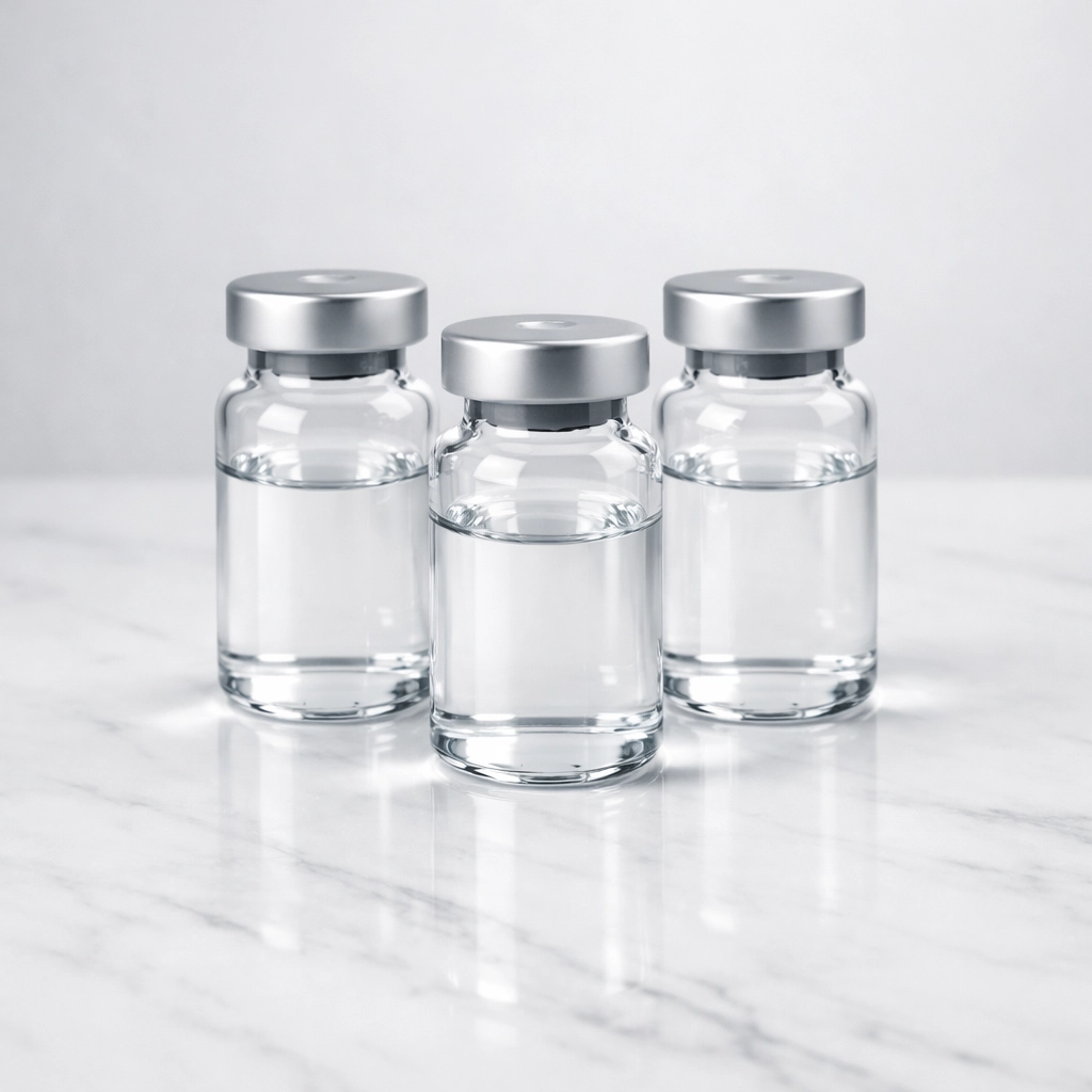 Three sterile laboratory vials representing the triple agonist mechanism of retatrutide peptide research.