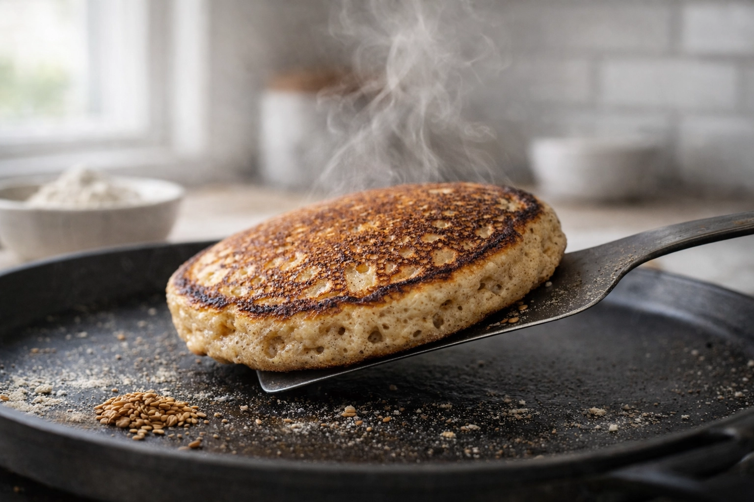 Flipping a golden-brown Kernza pancake on a griddle for a sustainable Sunday breakfast.