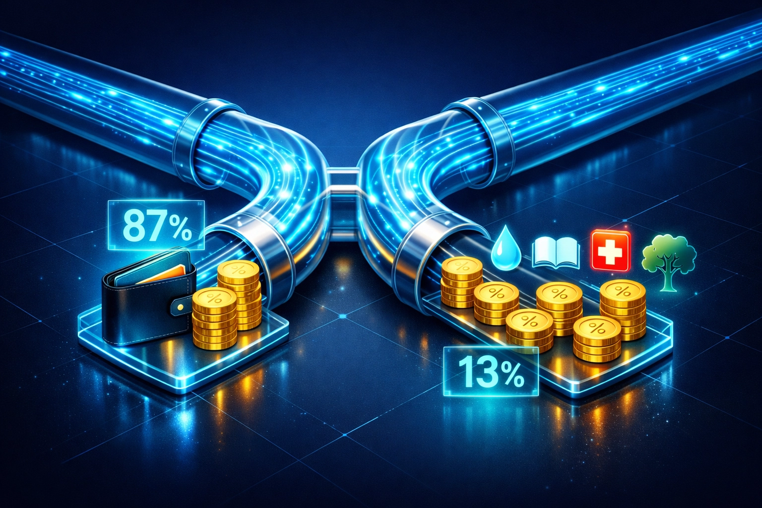 Blockchain transaction fee split showing 87% to charities and 13% to merchant infrastructure