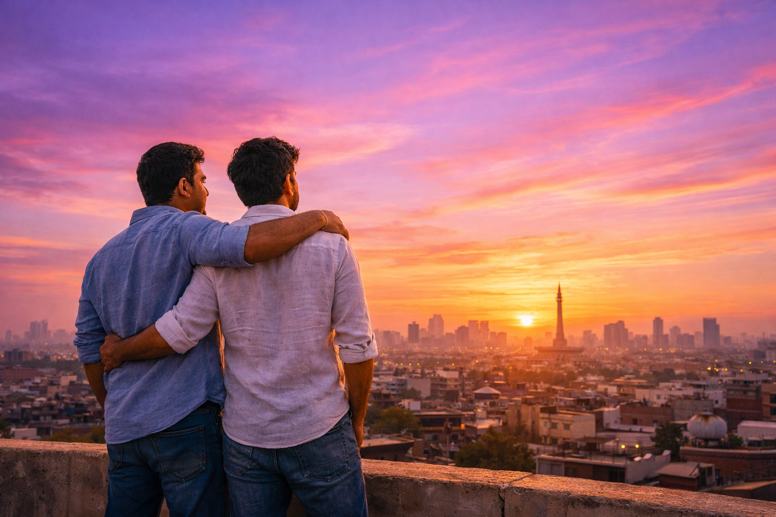 A gay Pakistani couple standing together on a rooftop at sunset, symbolizing a hopeful future for queer South Asians.