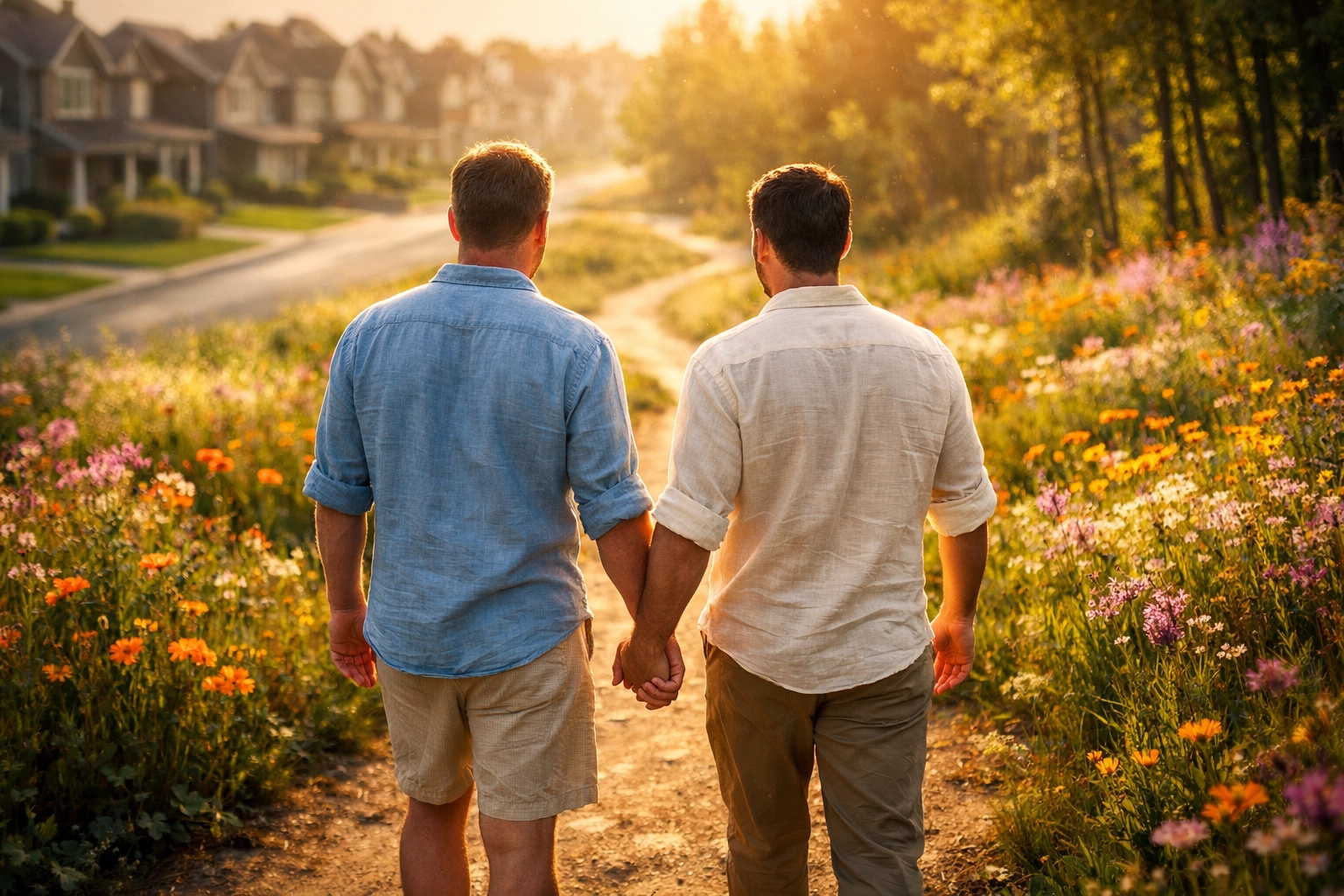 A gay couple walking hand-in-hand toward a forest, leaving standard milestones for their own queer life timeline.