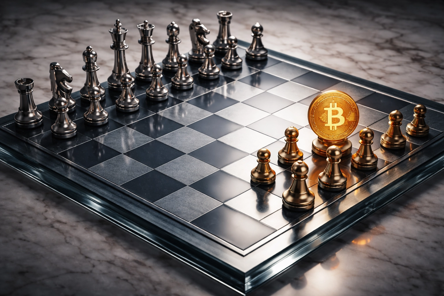 Chessboard featuring traditional assets versus a highlighted Bitcoin piece, illustrating smart portfolio diversification with digital assets.