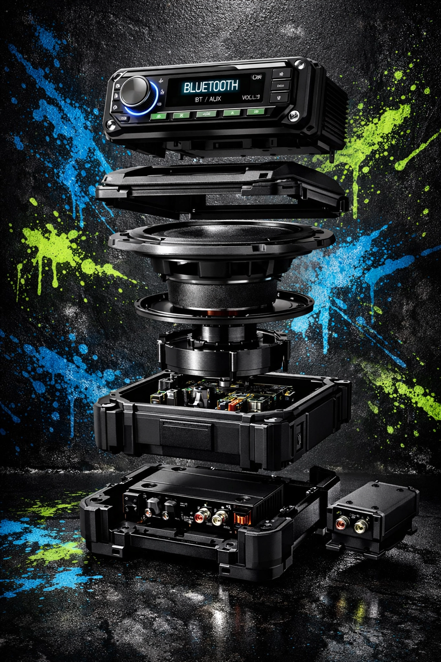 Weatherproof Bluetooth head unit, subwoofer, and amplifier for powersports audio systems