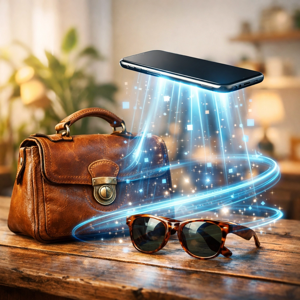 Smartphone scanning a vintage leather handbag to create an eBay listing using AI for resellers technology.