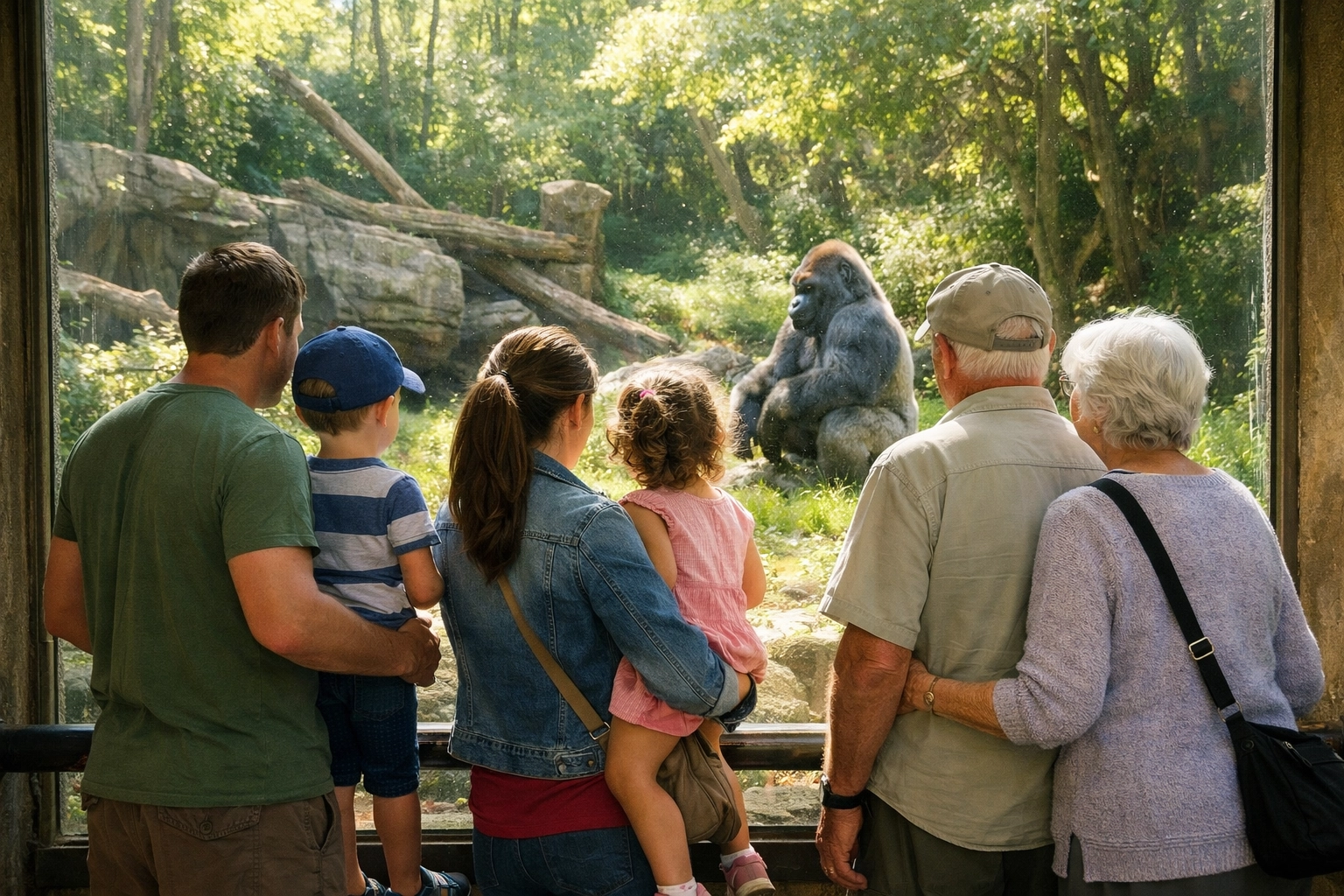 Zoo visitors connecting with nature at a gorilla exhibit, illustrating community-focused wildlife marketing.