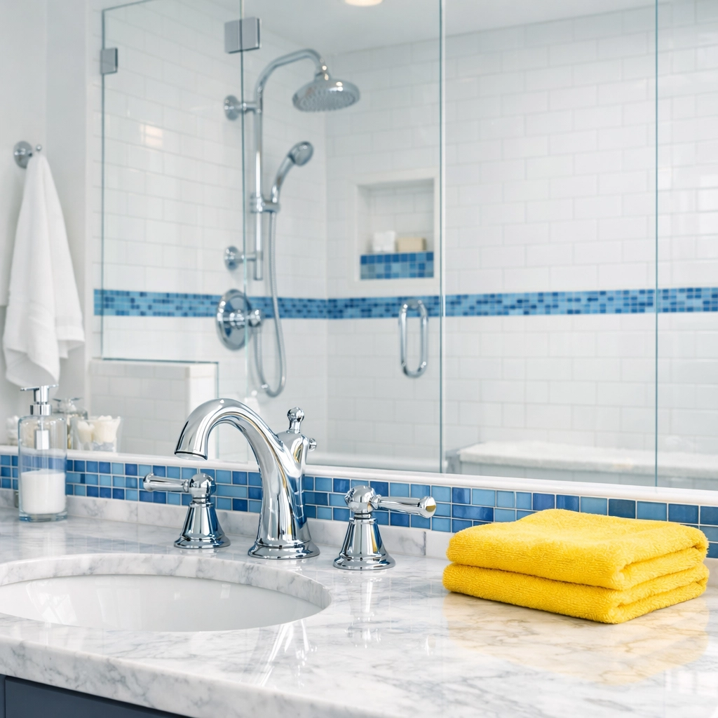 Sanitized modern bathroom in the Boston suburbs after a deep move-in cleaning service.