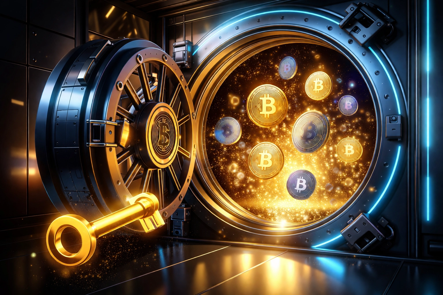 Futuristic vault door opening to reveal cryptocurrency coins, symbolizing self-custody merchant account security and independence.