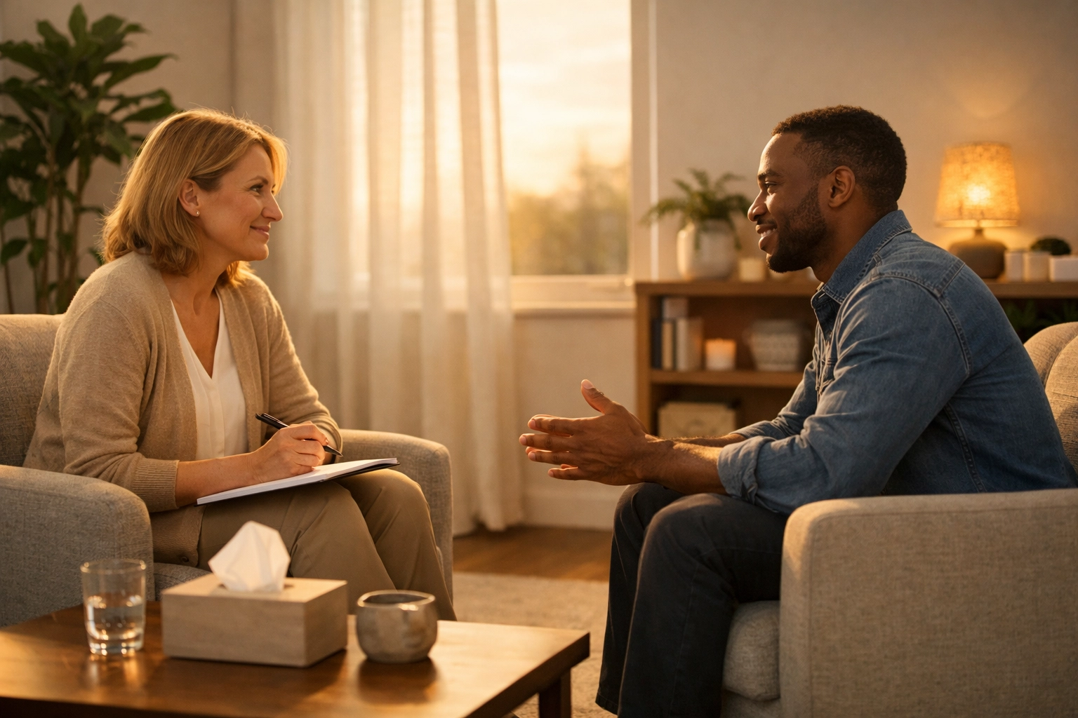 Patient and clinician in ADHD consultation discussing symptoms and evaluation