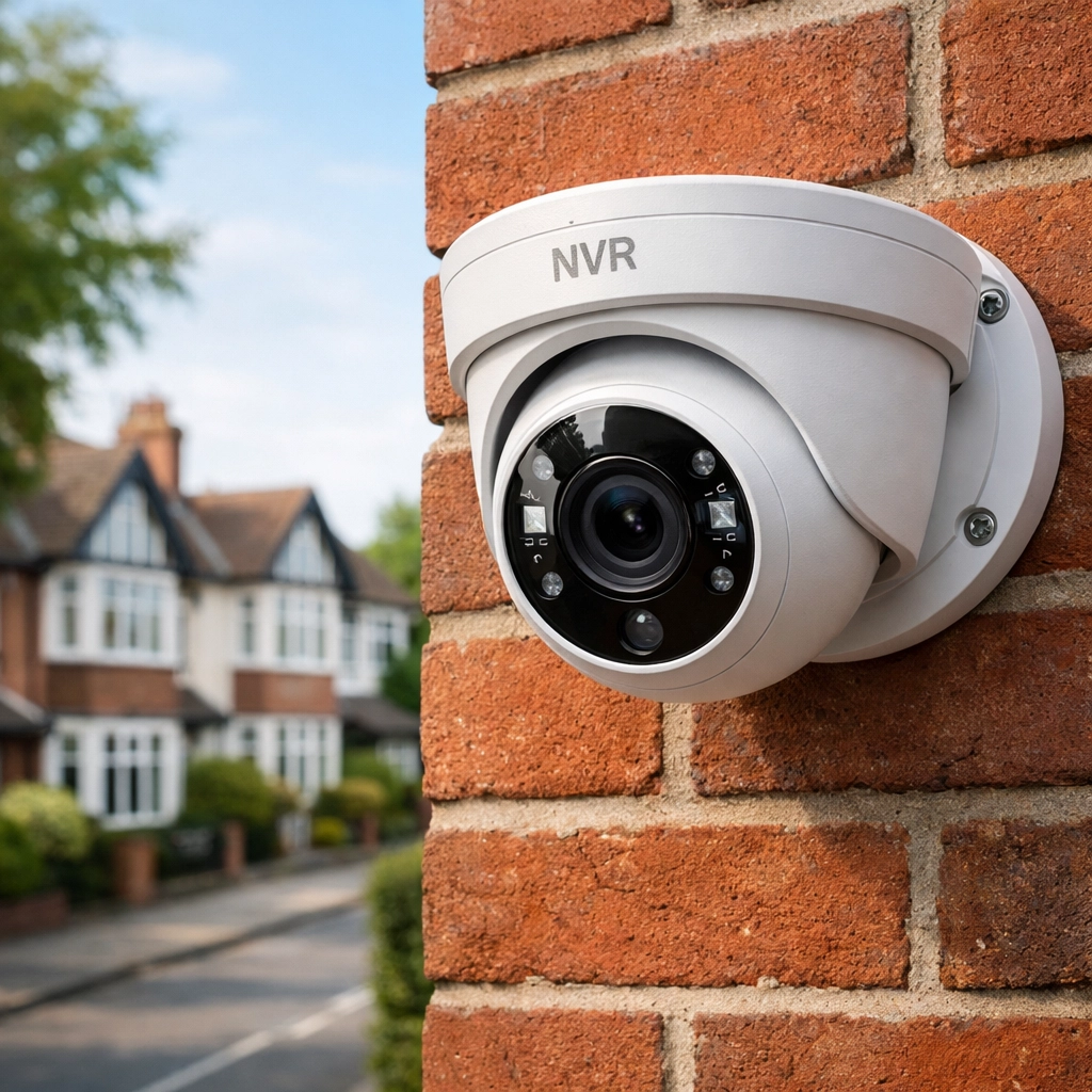 A professional NVR IP turret camera installed on a red-brick wall for home security in Melksham.