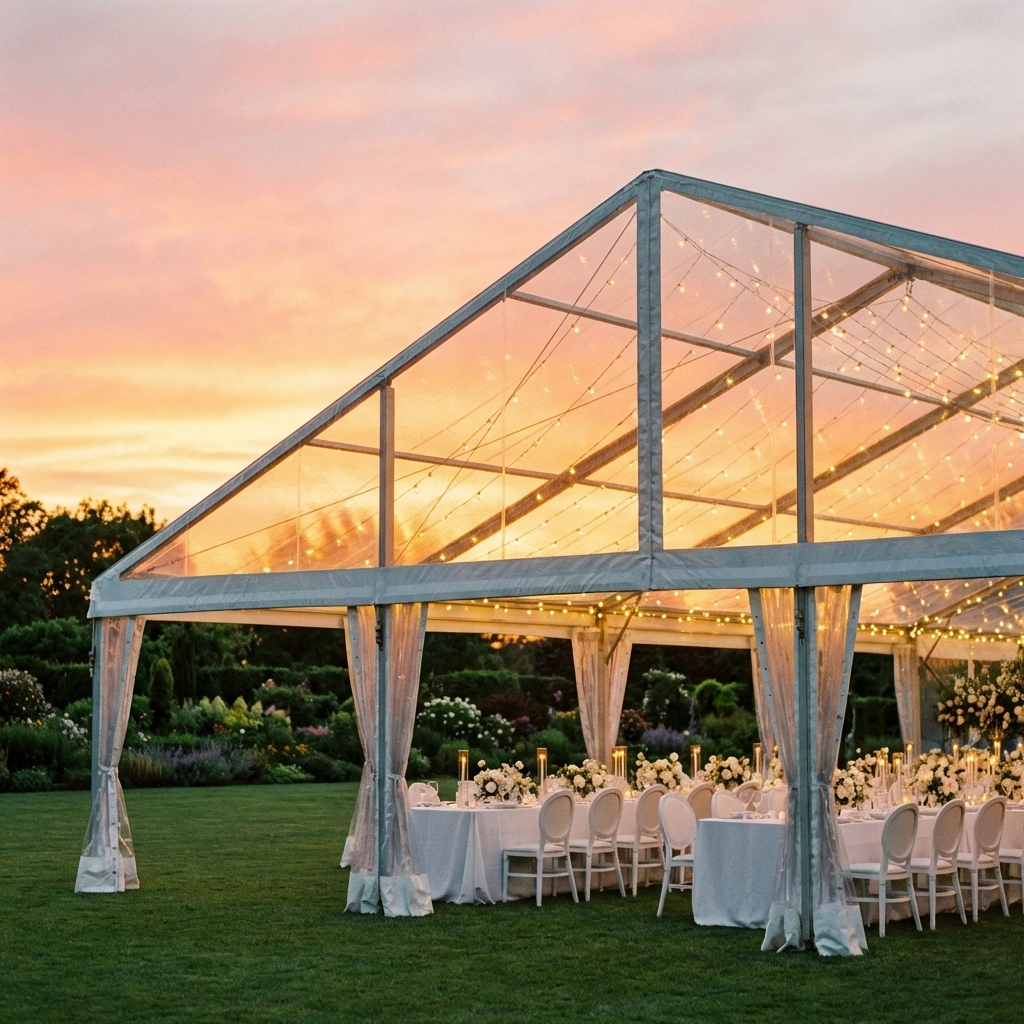 Transparent marquee tent at sunset with string lights and white table settings for luxury outdoor events