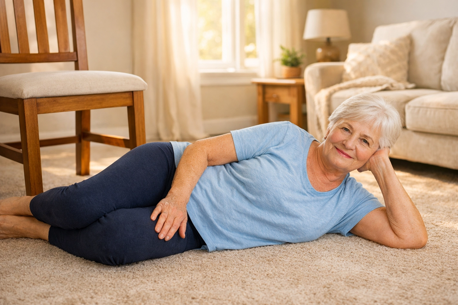 Senior woman demonstrating side-lying position on floor near chair after a fall