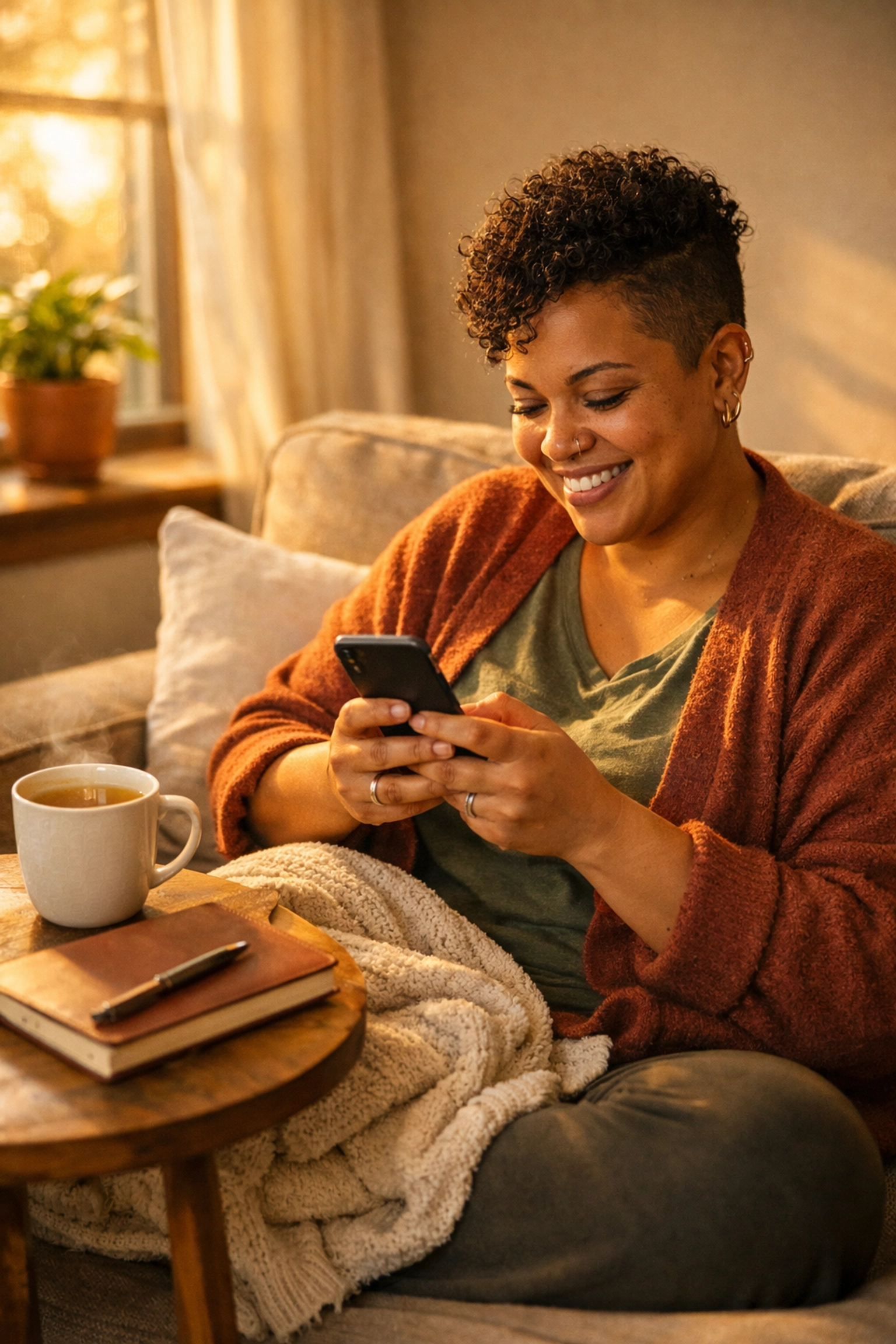 Patient comfortably messaging doctor from home for online weight loss consultation