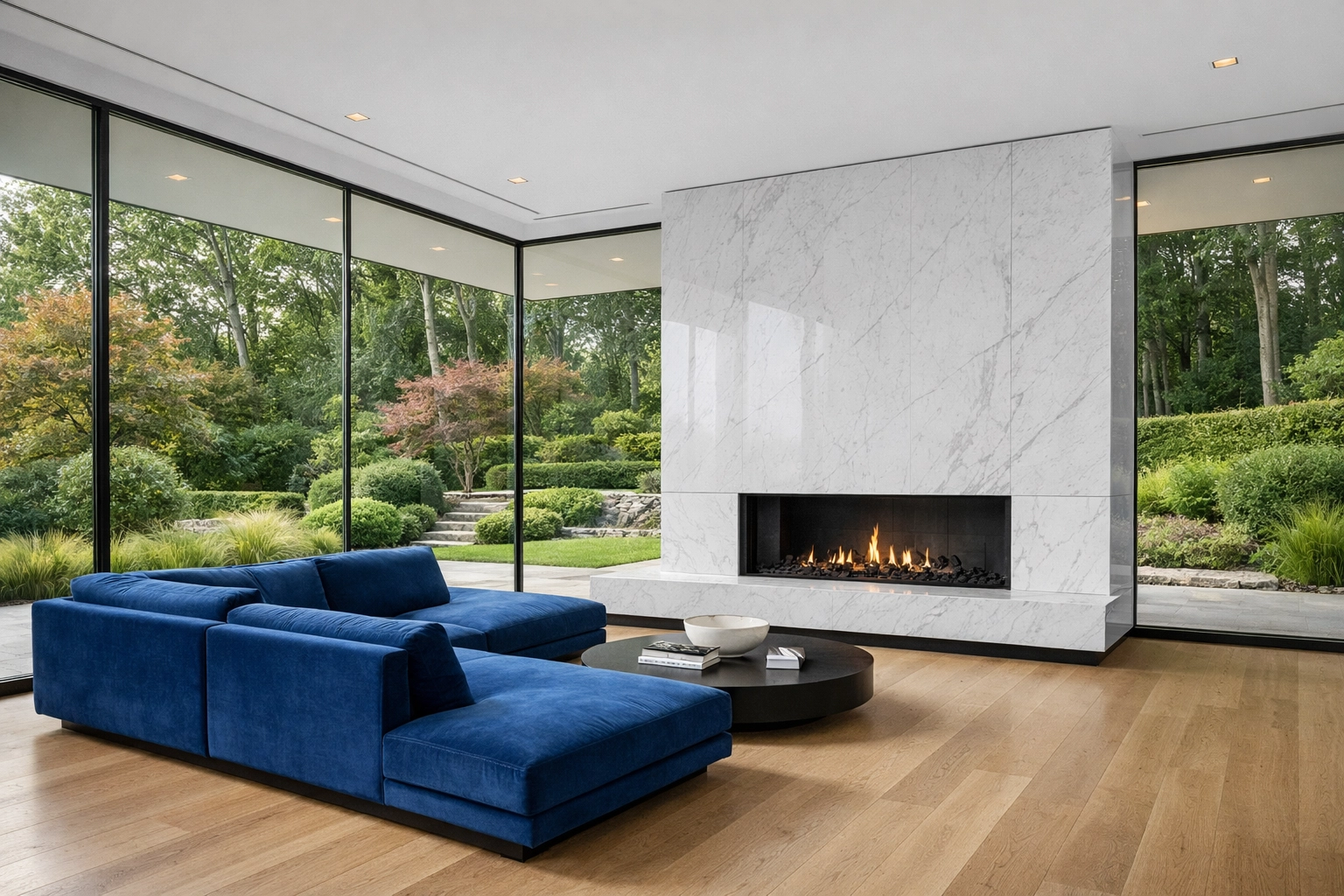 Impeccable glass walls in a modern Chestnut Hill home showcasing expert luxury house cleaning in Newton.