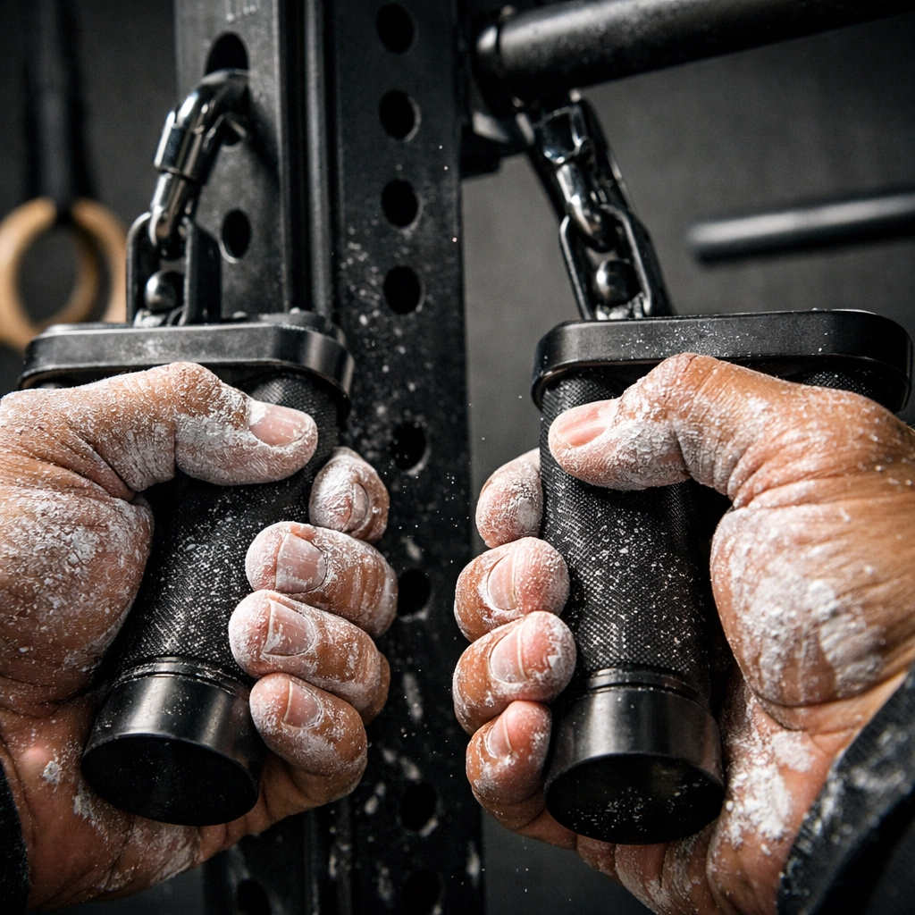 Chalked hands using Resistance Rail neutral grip handles for versatile home calisthenics training.