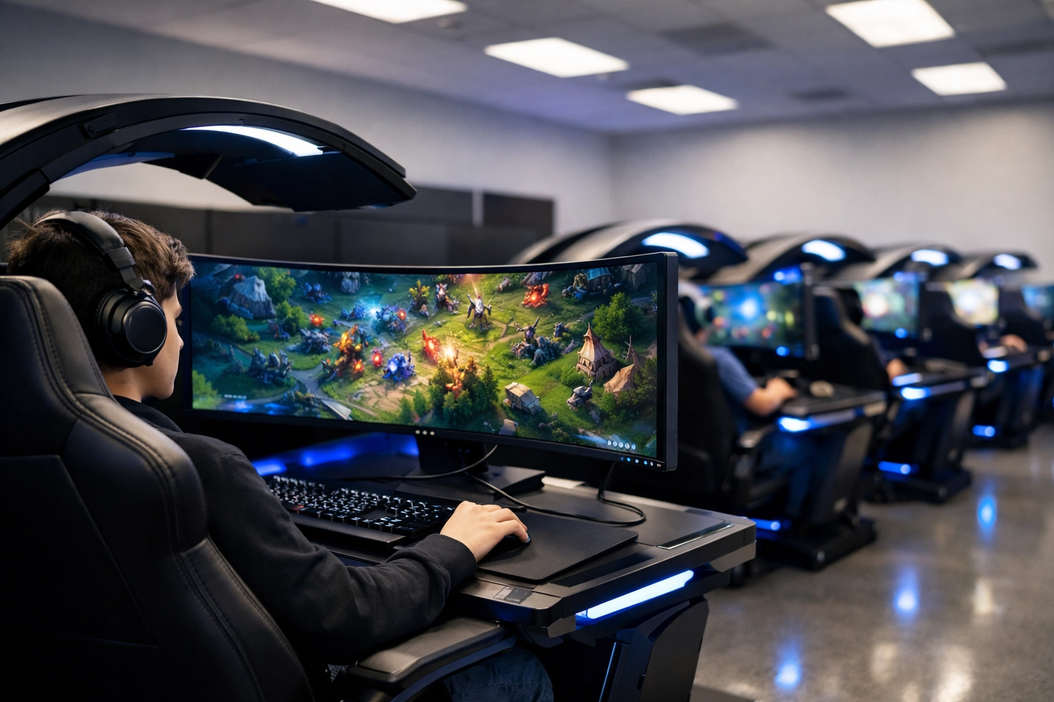 Professional esports gaming pods in a high school lab used for sports marketing and educational simulation.
