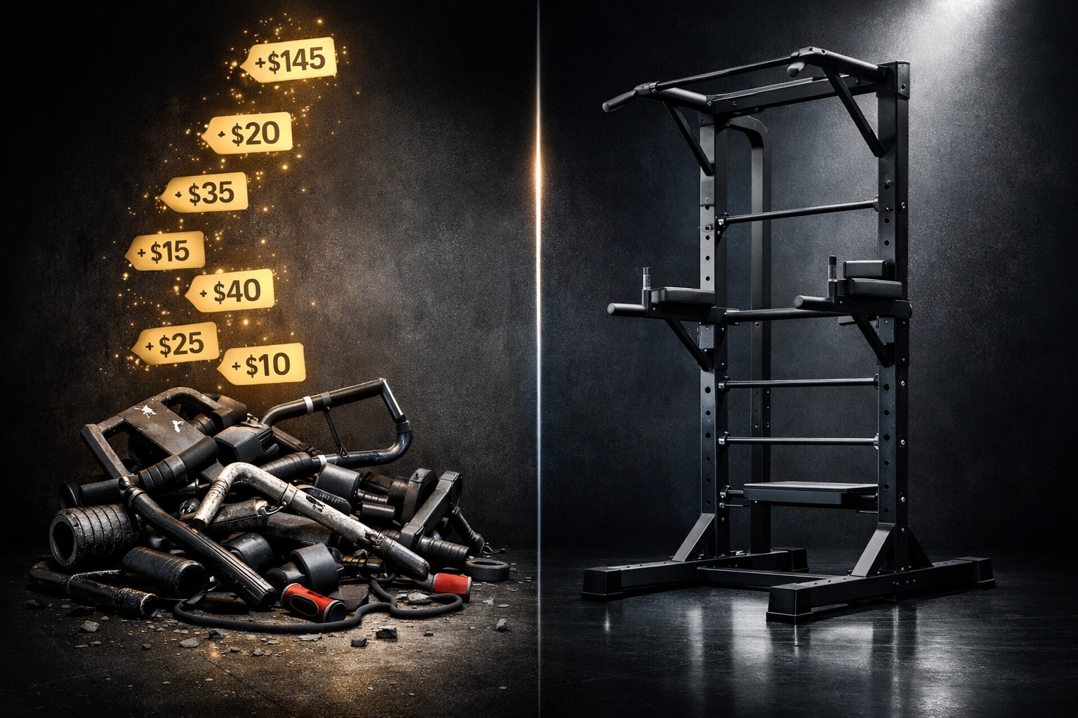 Cost comparison showing broken cheap calisthenics equipment versus durable professional-grade home gym system