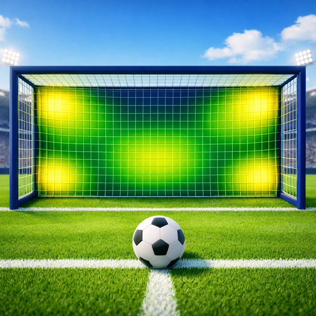 A goal net with a statistical heatmap showing high-probability value zones for football betting.