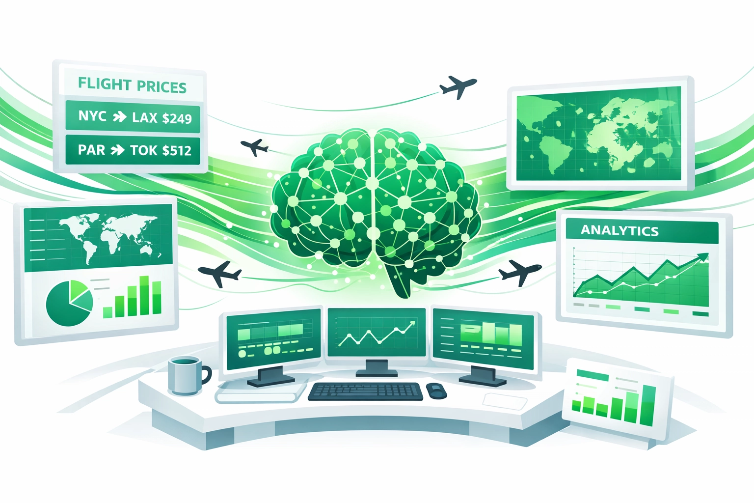 AI system processing real-time airline pricing data and flight variables across multiple screens