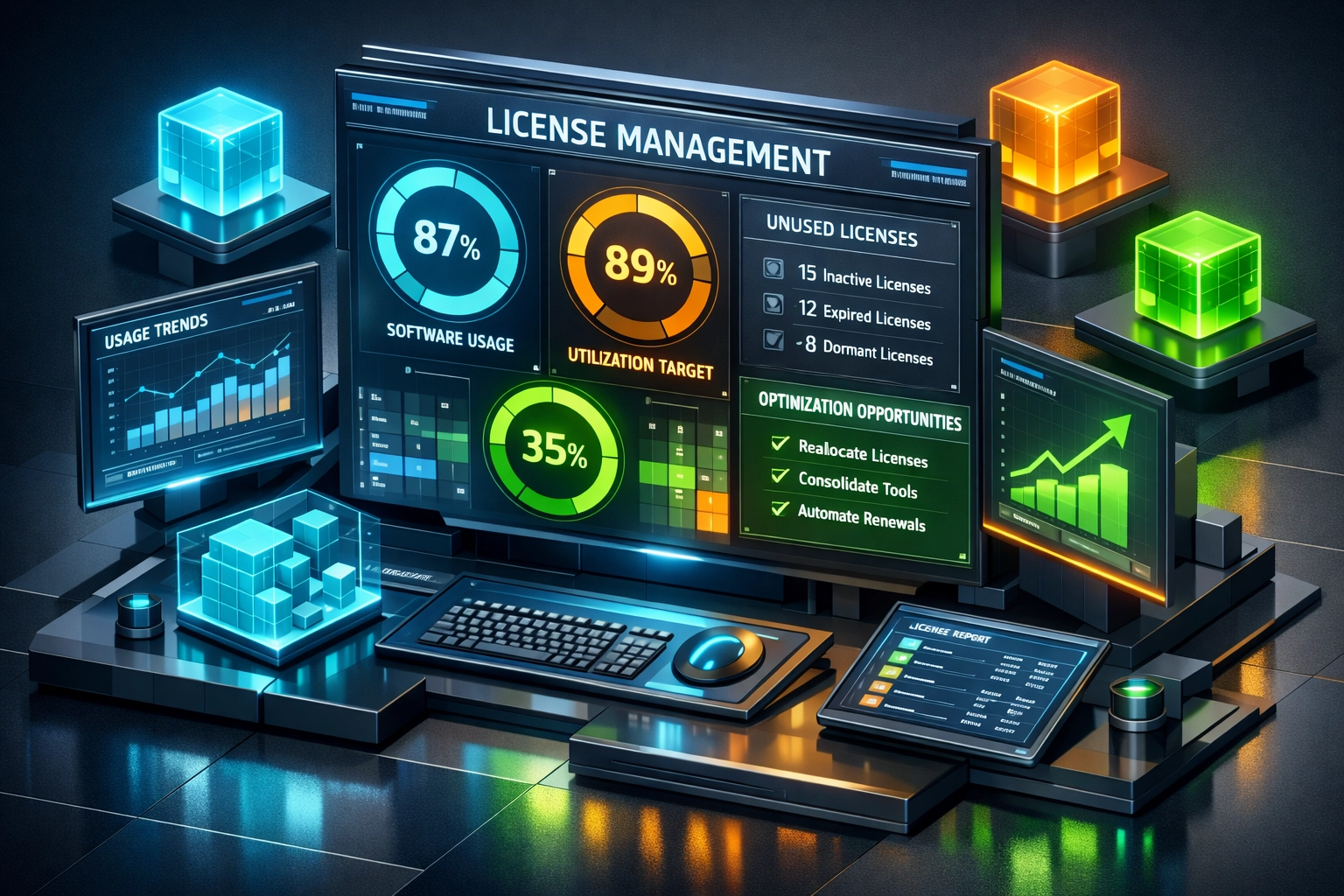 ServiceNow license audit dashboard displaying utilization rates and ITAM optimization opportunities