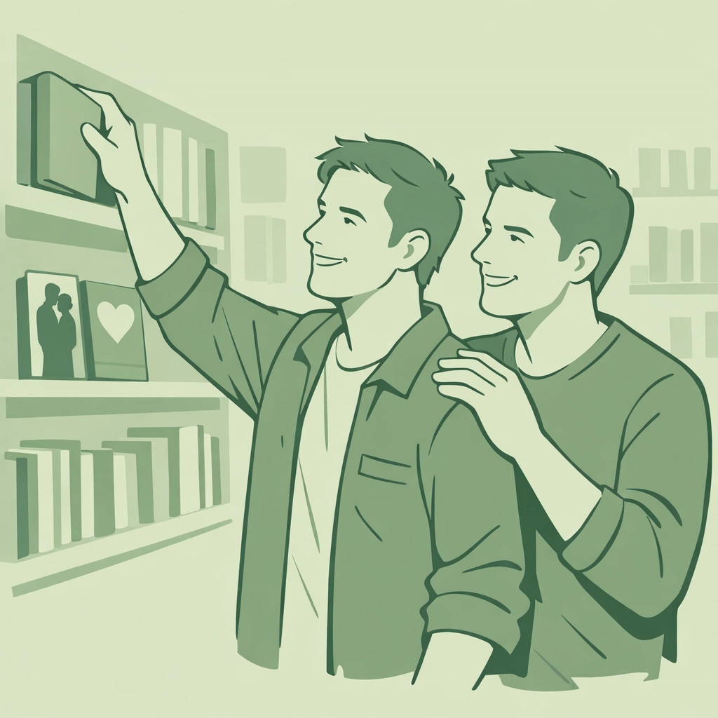 Two men browsing gay romance books together in bookstore representing LGBTQ+ literary community