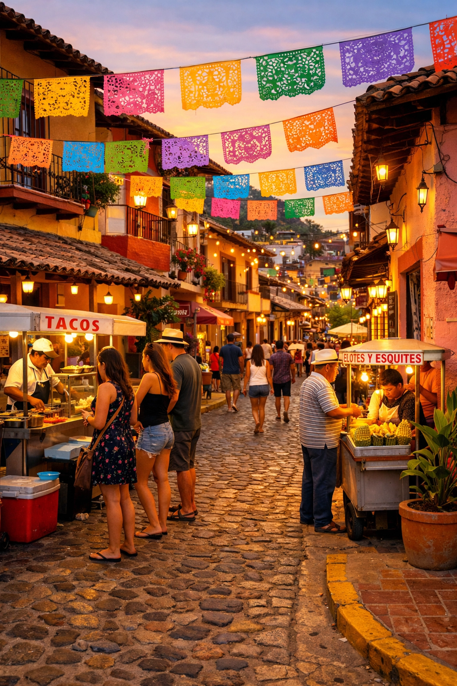 Colorful Old Town Puerto Vallarta street with local vendors and traditional architecture