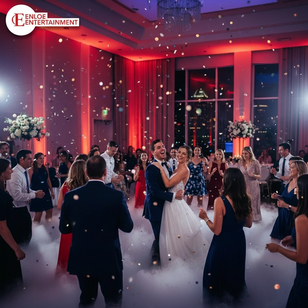 Bride and groom dance surrounded by guests on a foggy, confetti-filled floor. Red-lit venue with floral decor. Joyful atmosphere. Logo: Enloe Entertainment.