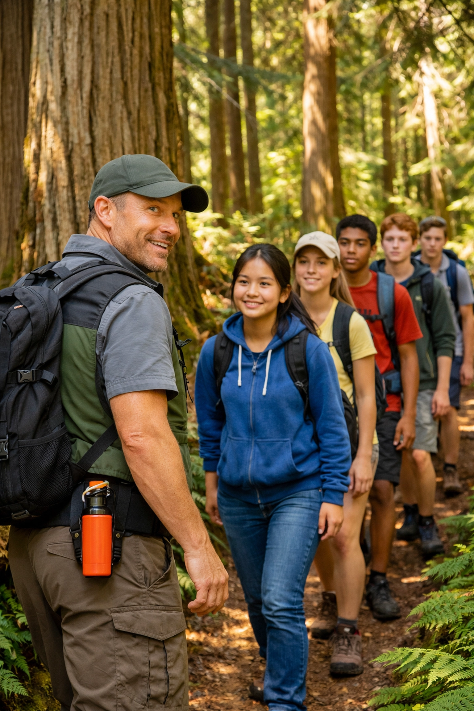 Students hiking in a tight group with a teacher leader for safety on a Yellowstone educational trip.