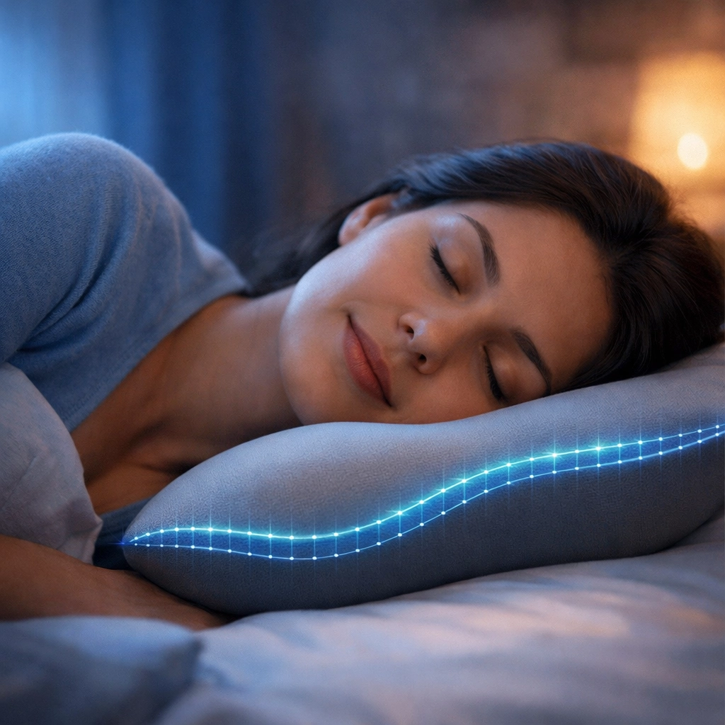 An adjustable AI pillow contouring to a sleeper's head to improve spinal alignment and reduce snoring.
