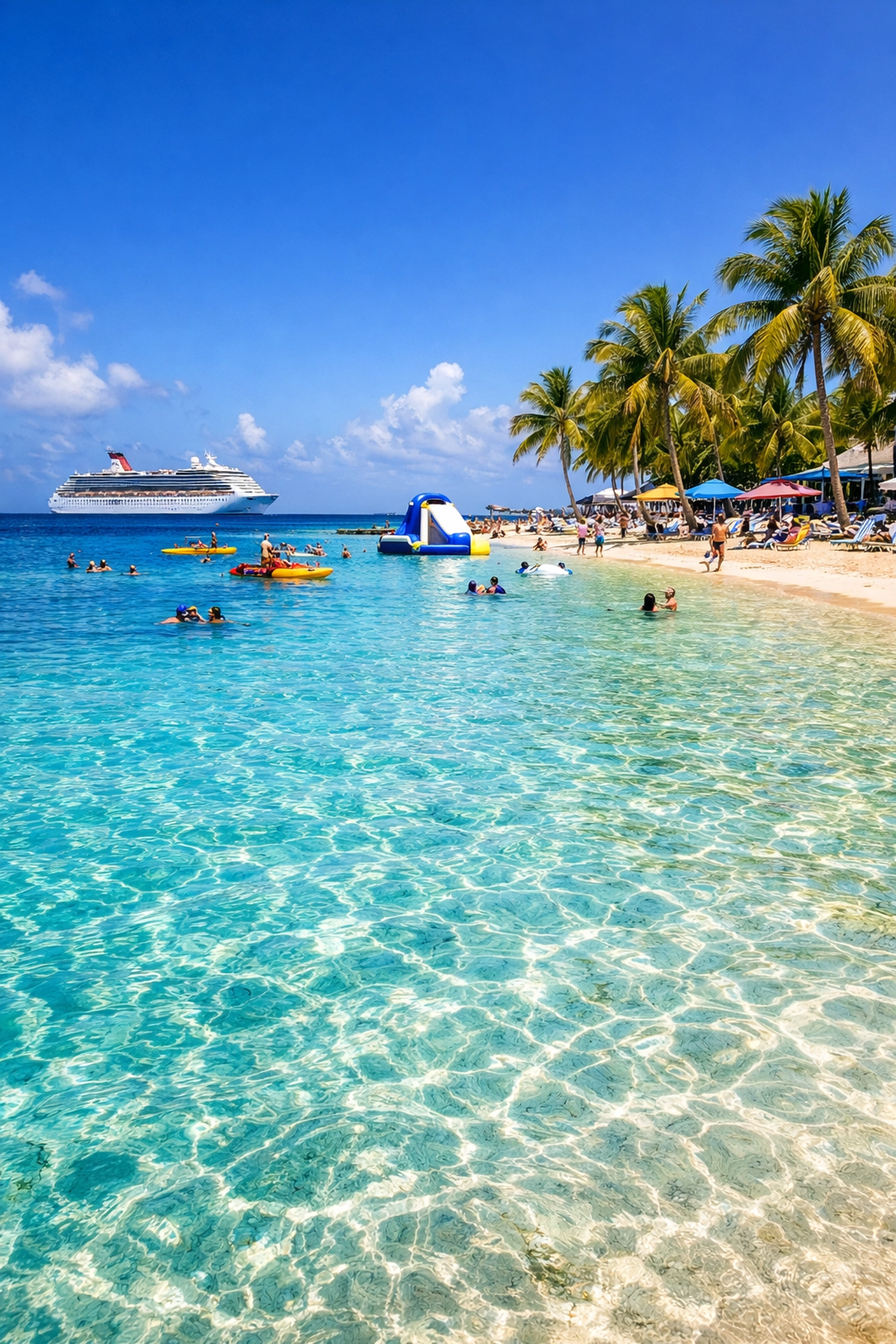 Blue Lagoon shore excursion in Nassau with cruise ship in background