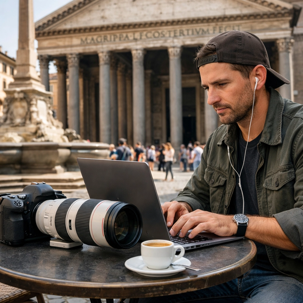 How to Compress Massive Photo Batches in Seconds with Pixel-Shrink.com 3 Travel photographer editing photos on a laptop at a Rome café near the Pantheon for a fast, optimized blog.