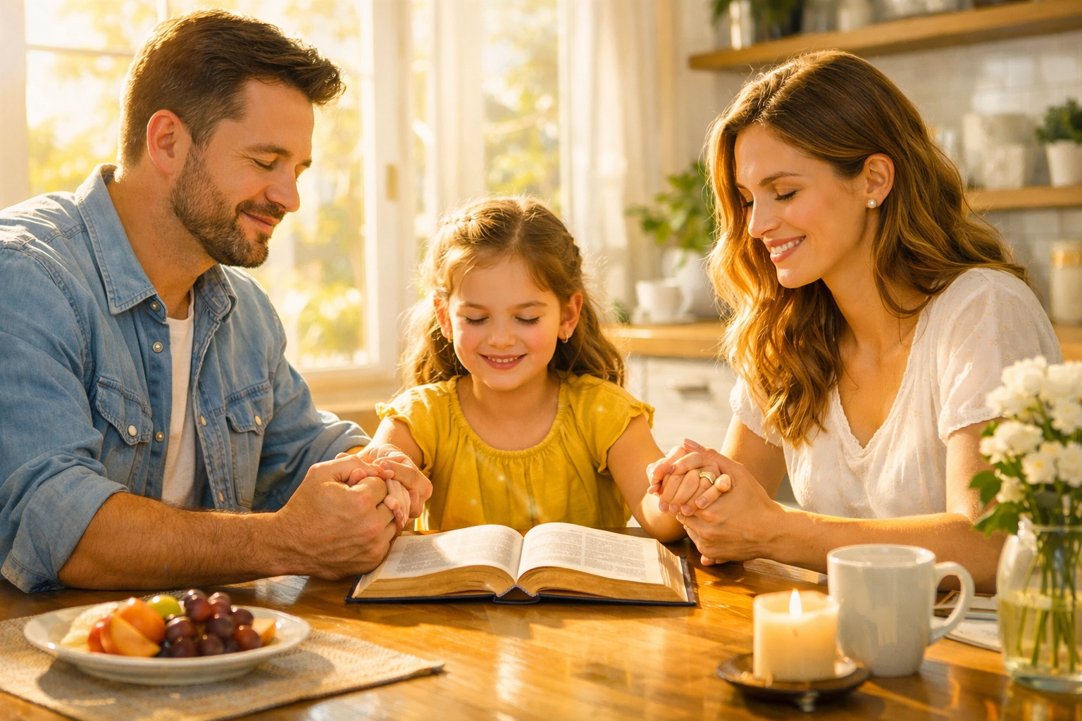 A Christian family prays together at home, reflecting the priesthood of all believers.