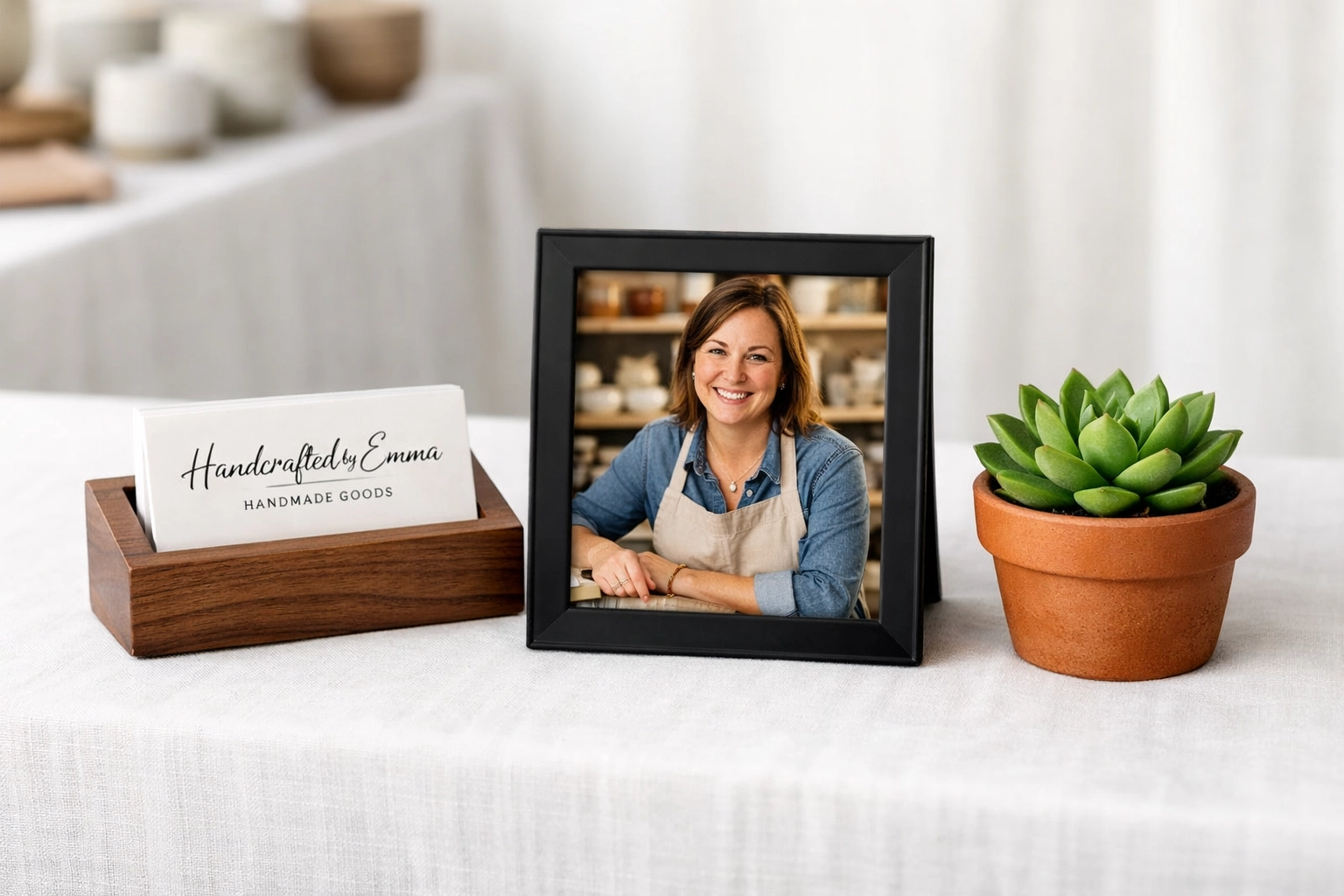 Professional vendor booth display with business card holder and artisan portrait at a bazaar.