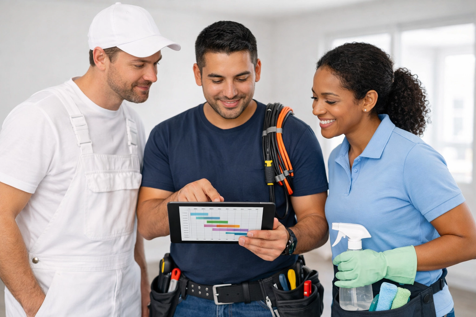 Professional contractors coordinating apartment turnover timeline on tablet in vacant unit