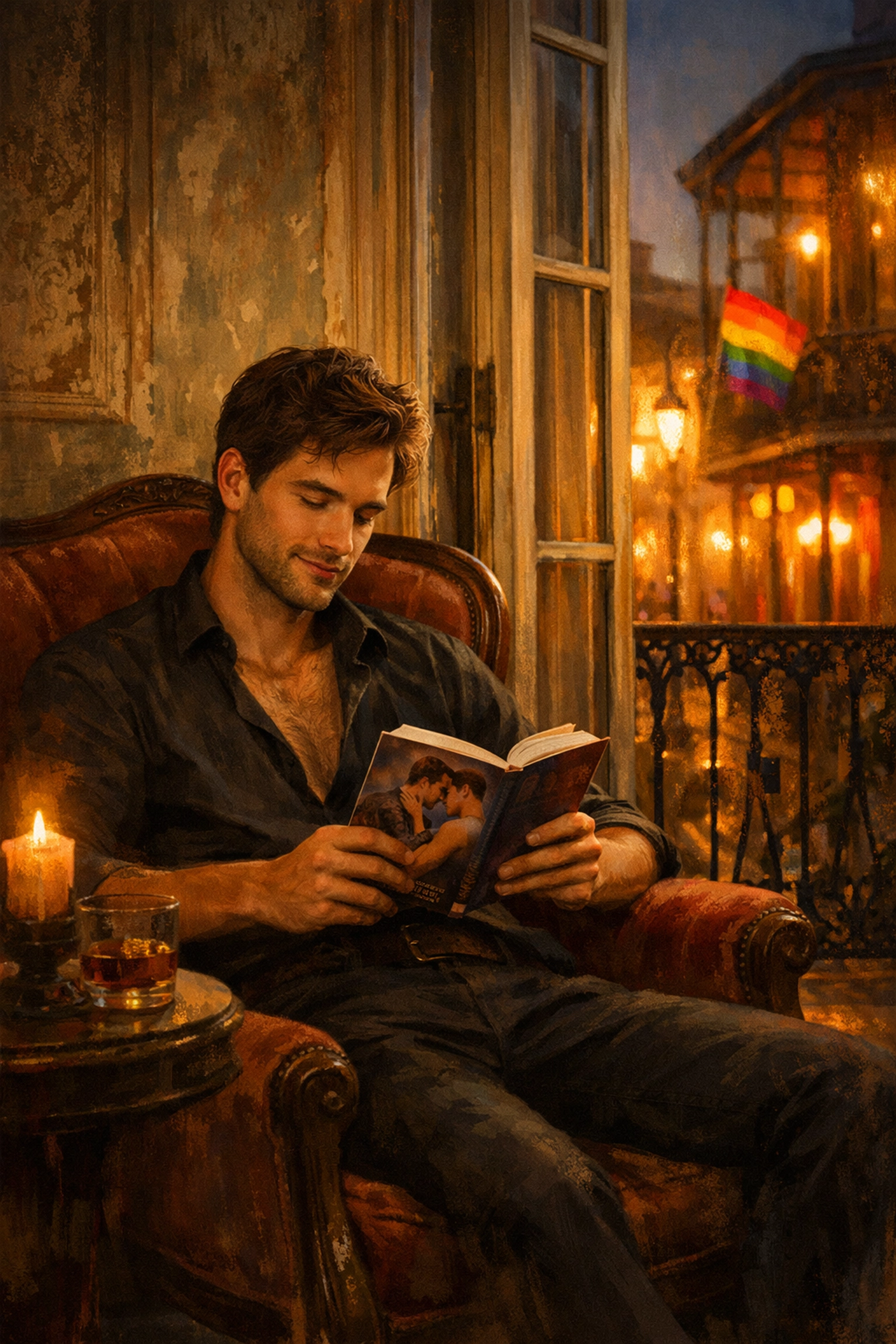 A man reading a gay romance novel in a historic New Orleans room, reflecting the peace of queer stories.