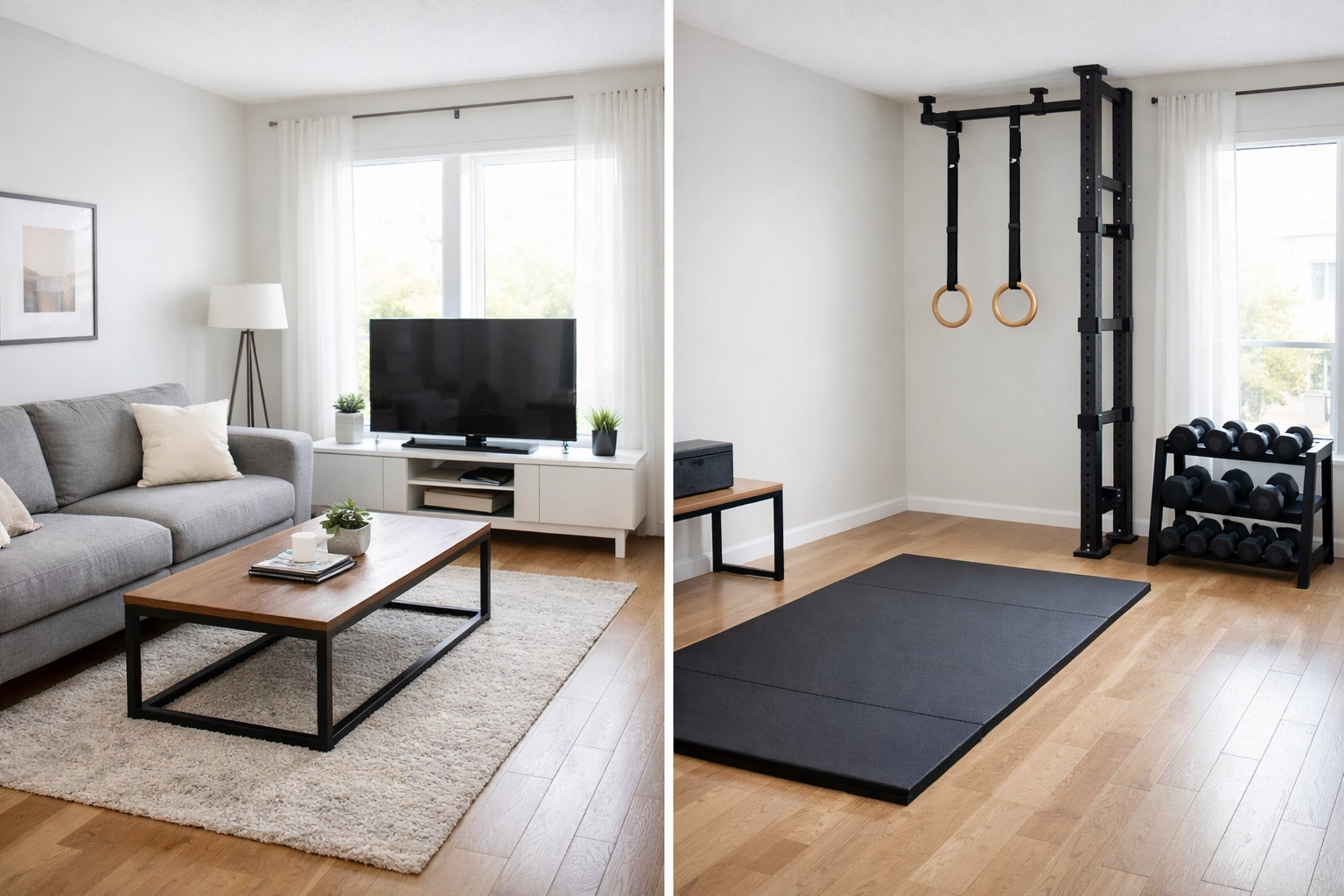 Before and after transformation of apartment living room into CrossFit home gym workout space