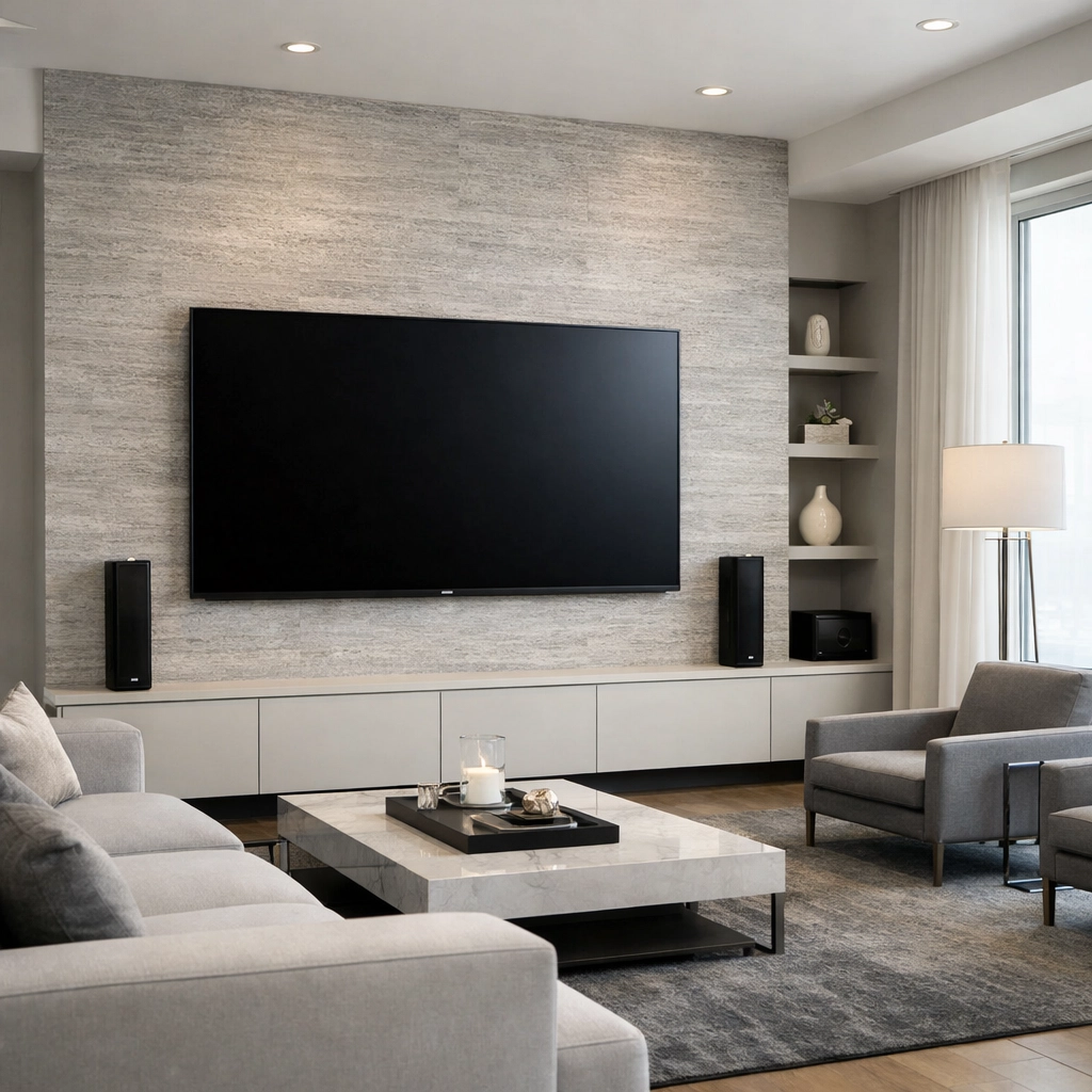 Professional TV mounting in Highland Park luxury living room with concealed cables