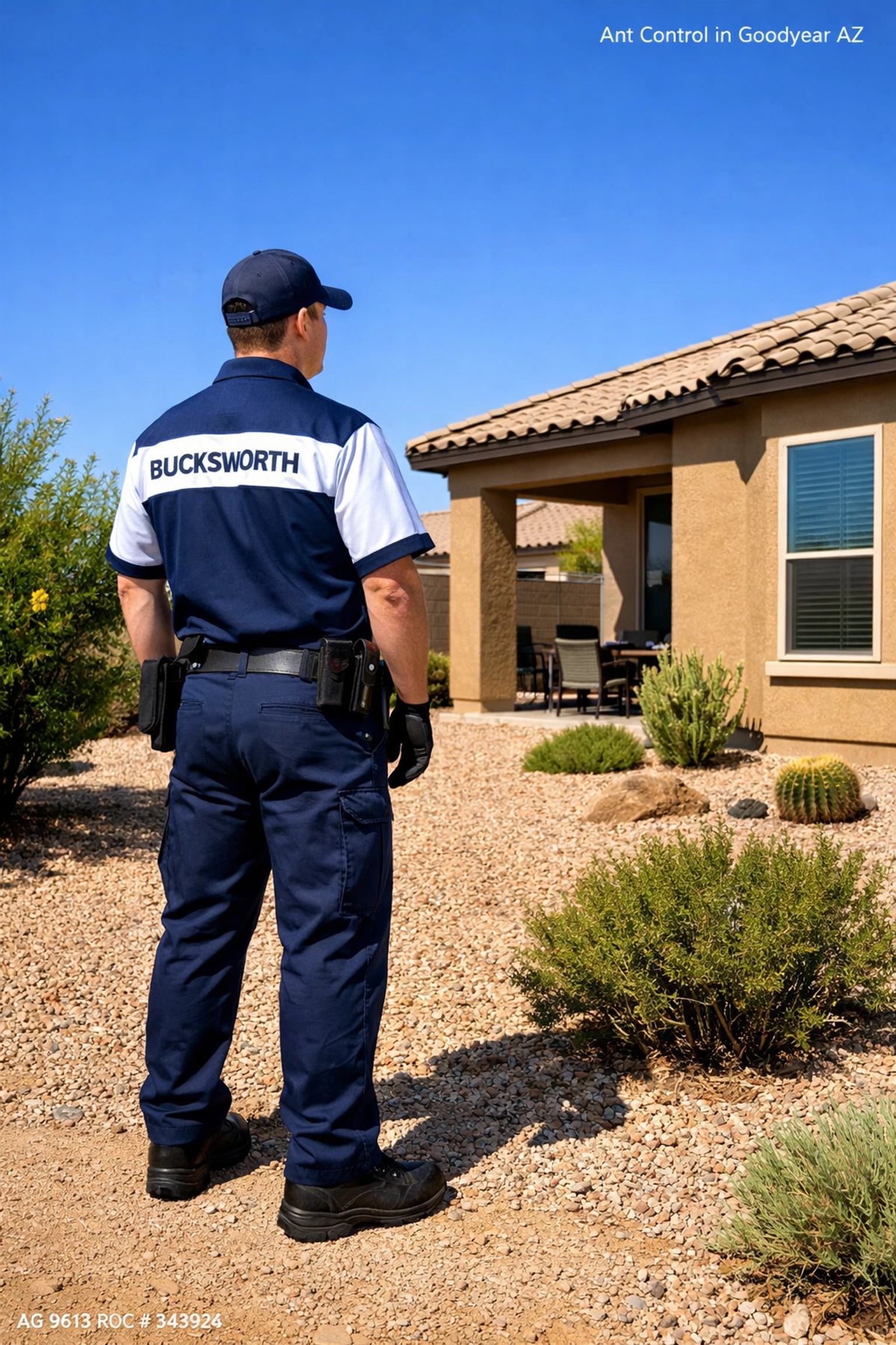 Bucksworth technician inspecting a home exterior for professional ant control in Goodyear, AZ.