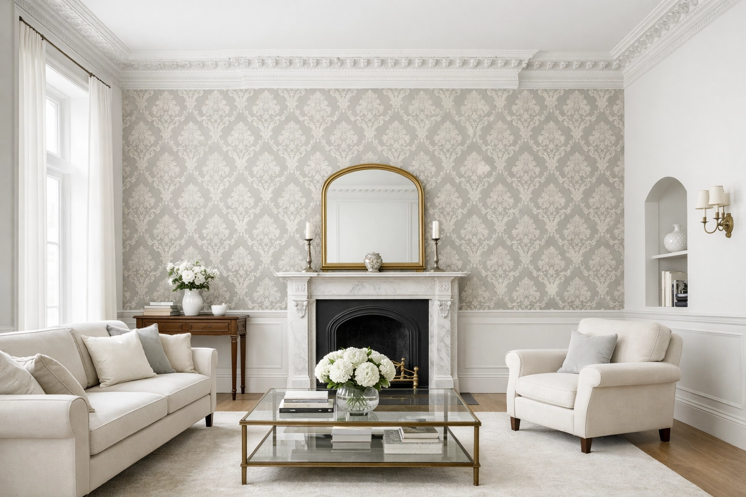 A classic Cheltenham Regency room featuring professional damask wallpapering on a feature wall.
