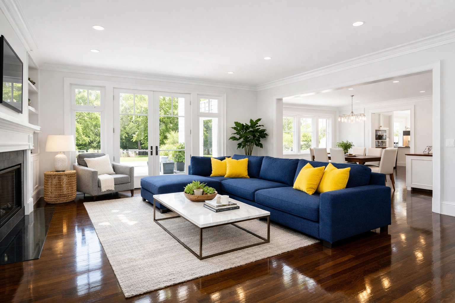 Impeccably clean modern living room in Massachusetts showing the mental clarity provided by house cleaning services MA.