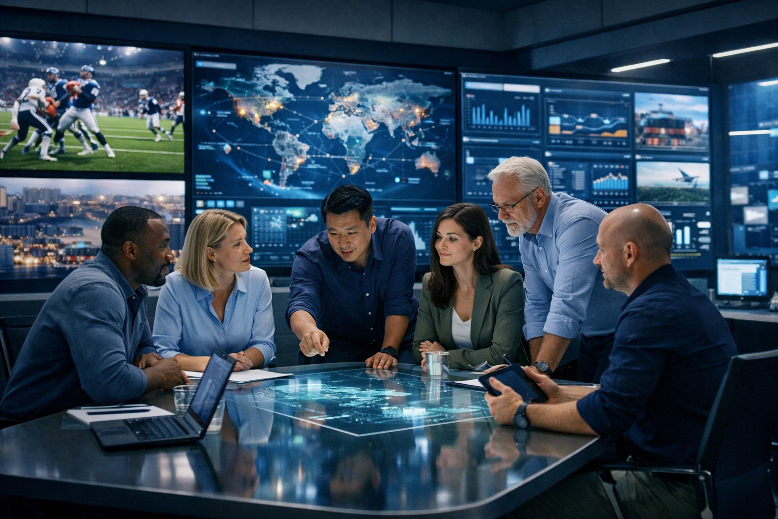 Dakdan Worldwide team collaborating in a strategic operations center with data analytics and media displays.