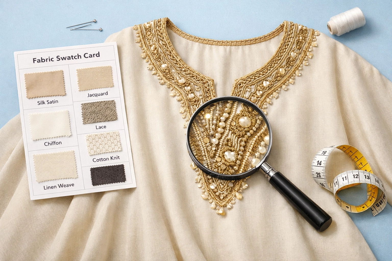 Quality inspection of premium kaftan fabric showing detailed stitching and craftsmanship