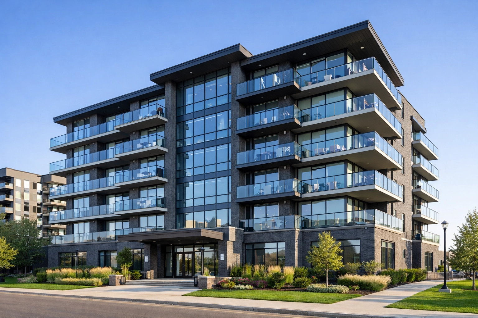 Modern Saskatoon condominium building representing common property managed by a condo board.