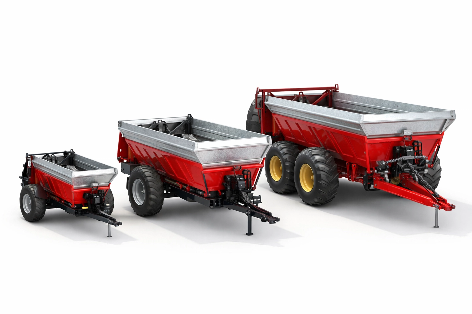 Three manure spreaders of varying sizes for ATVs, compact tractors, and utility tractors, illustrating capacity options for Florida horse farm owners.