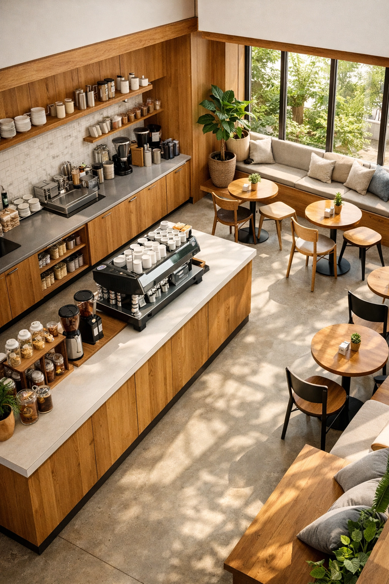 Spacious coffee shop interior with natural light, showing an efficient layout between the bar and seating.