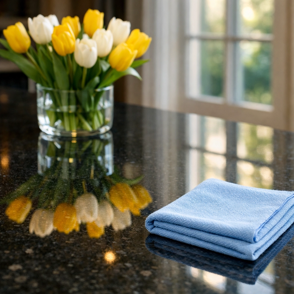 Streak-free dark granite countertop with tulip reflection after a professional deep cleaning Wellesley MA.